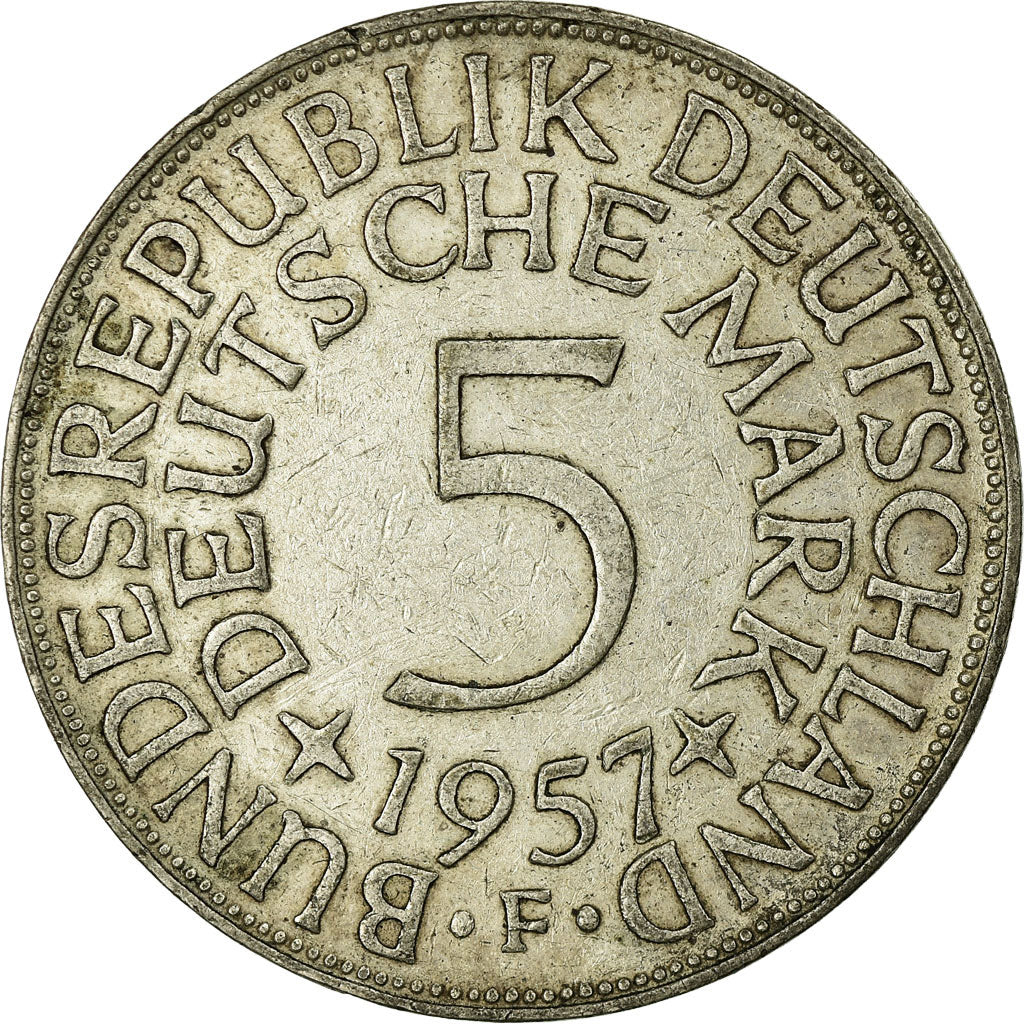 Coin, GERMANY - FEDERAL REPUBLIC, 5 Mark, 1957, Stuttgart, EF(40-45), Silver