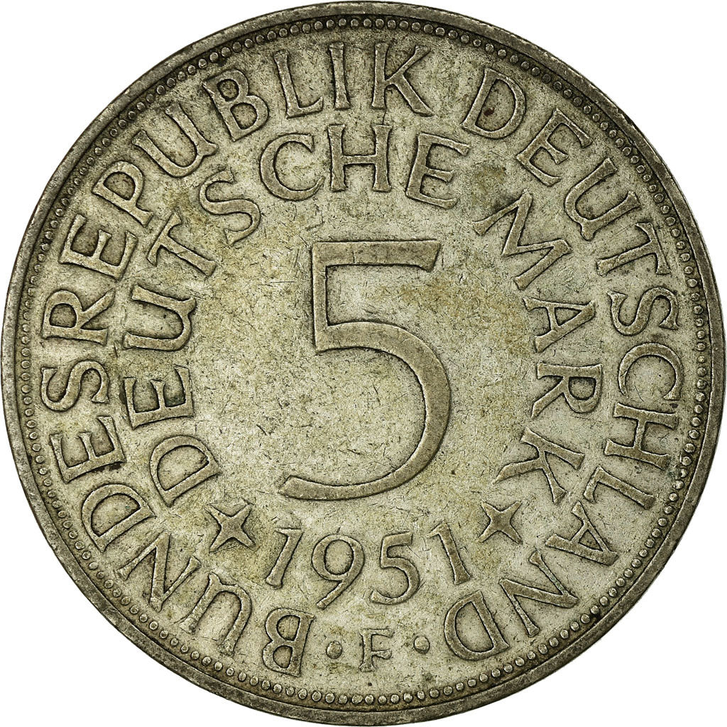 Coin, GERMANY - FEDERAL REPUBLIC, 5 Mark, 1951, Stuttgart, VF(30-35), Silver
