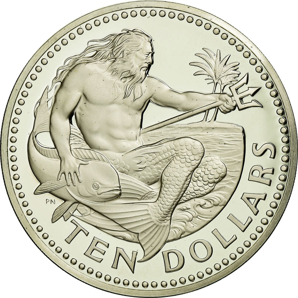 Coin, Barbados, 10 Dollars, 1975, Franklin Mint, Proof, MS(65-70), Silver
