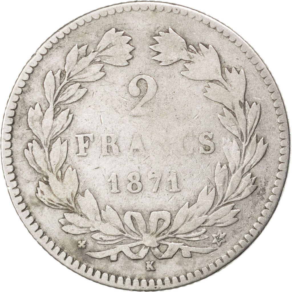 FRANCE, Cérès, 2 Francs, 1871, Bordeaux, KM #816.2, VF(20-25), Silver, Gadoury #