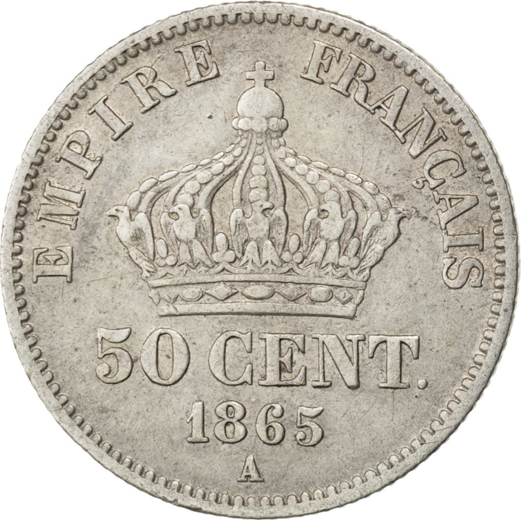 FRANCE, 50 Centimes, 1865, Paris, KM #814.1, EF(40-45), Silver, Gadoury #417,...