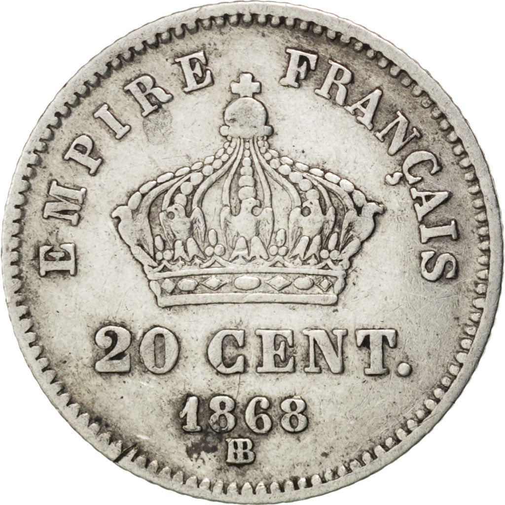 FRANCE, Napoléon III, 20 Centimes, 1868, Strasbourg, KM #808.2, VF(30-35), S...