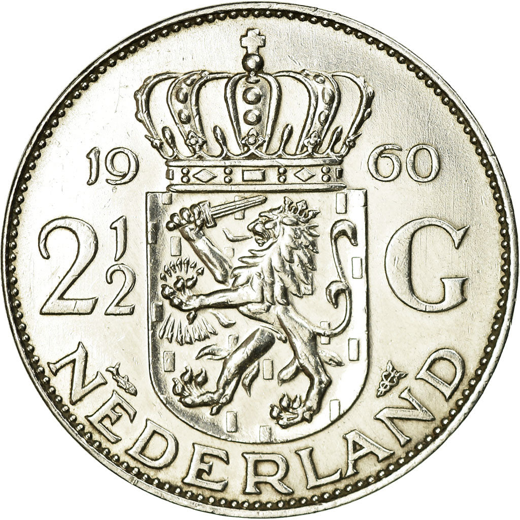 Moneta, Holandia, Juliana, 2-1/2 Gulden, 1960, AU(55-58), Srebro, KM:185