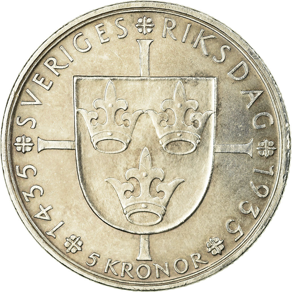 Coin, Sweden, Gustaf V, 5 Kronor, 1935, AU(55-58), Silver, KM:806