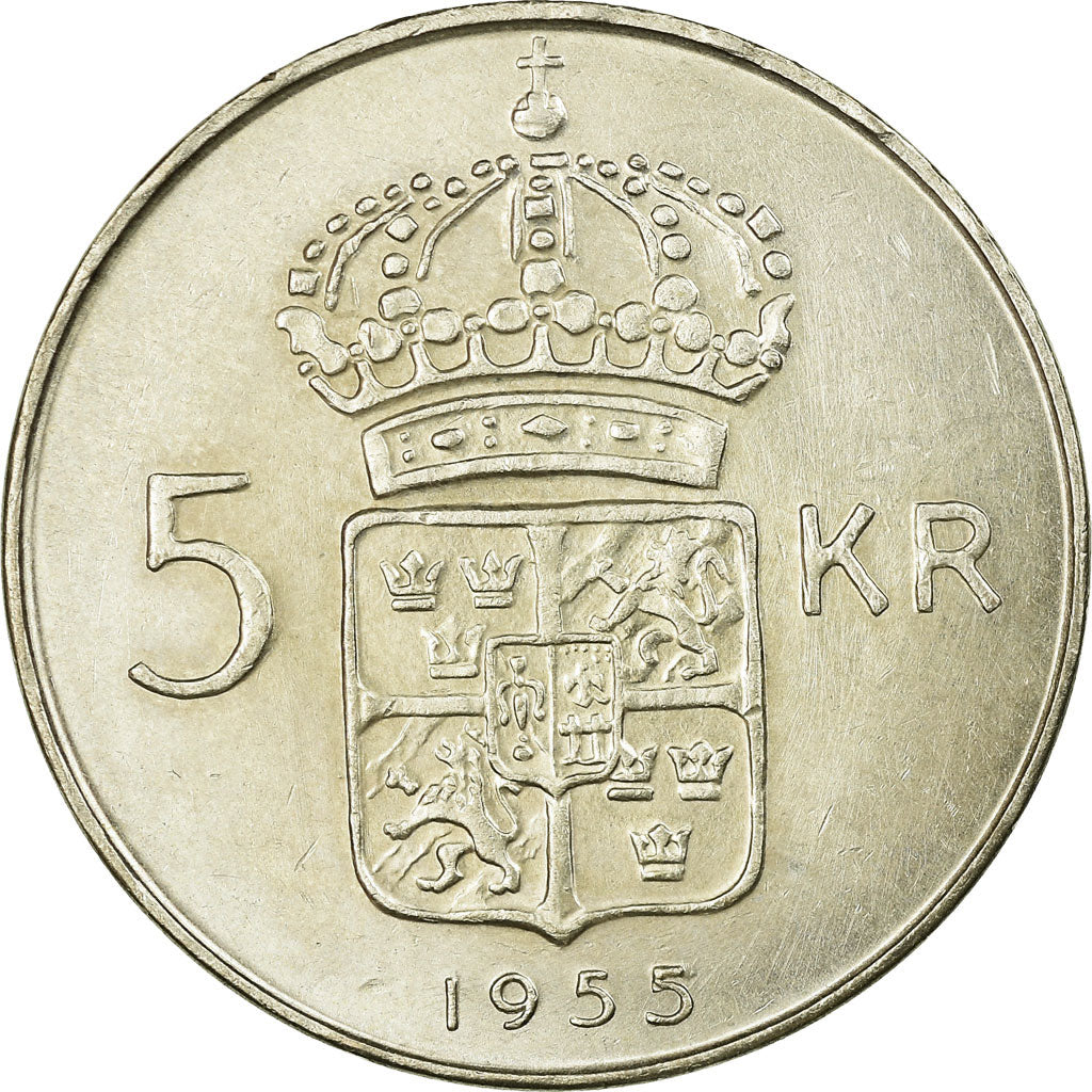 Coin, Sweden, Gustaf VI, 5 Kronor, 1955, AU(55-58), Silver, KM:829