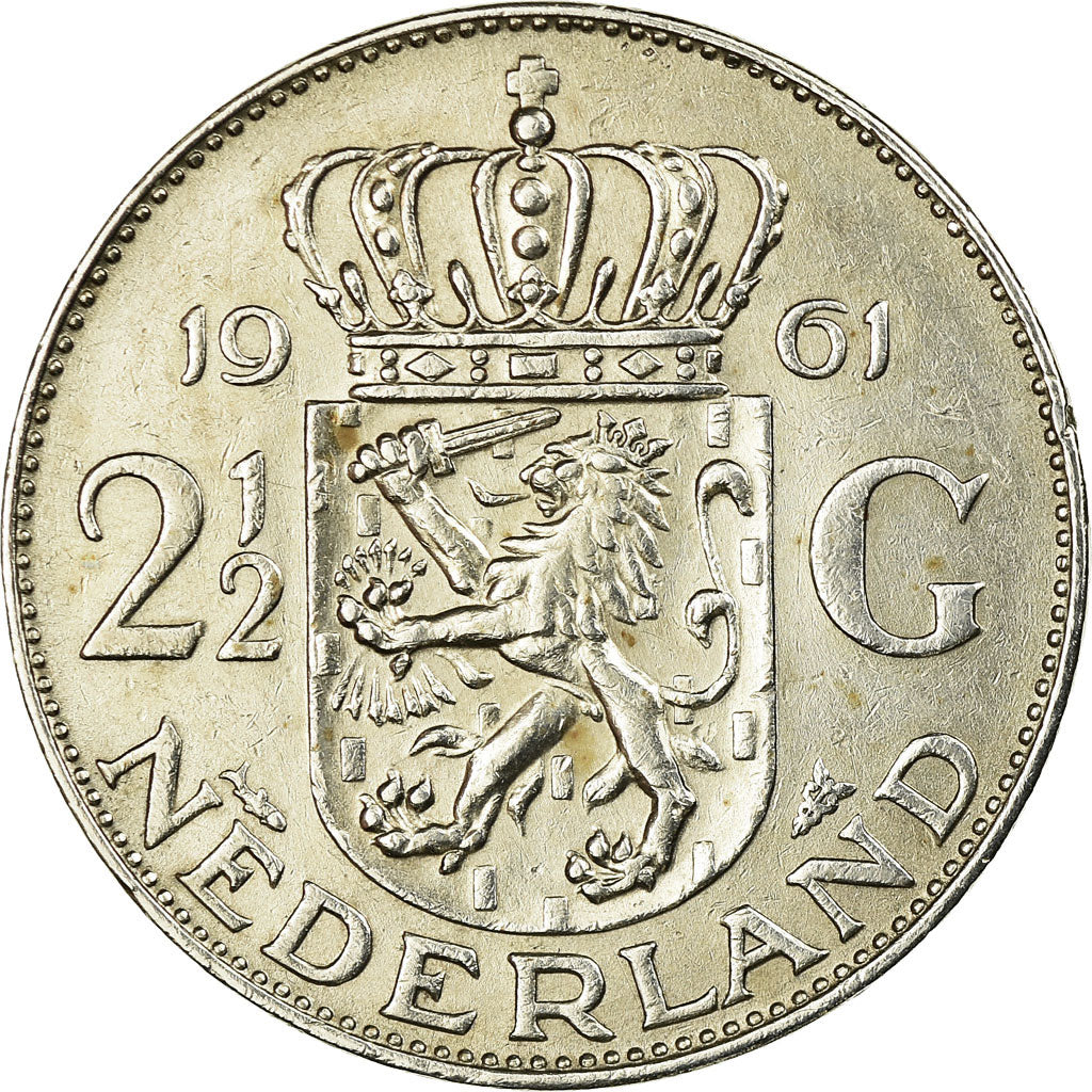 Coin, Netherlands, Juliana, 2-1/2 Gulden, 1961, EF(40-45), Silver, KM:185