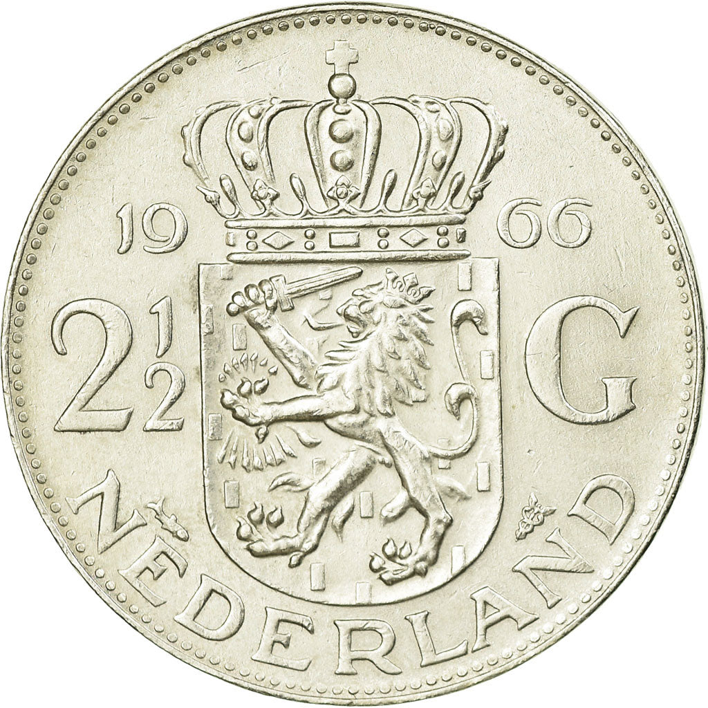 Coin, Netherlands, Juliana, 2-1/2 Gulden, 1966, AU(55-58), Silver, KM:185