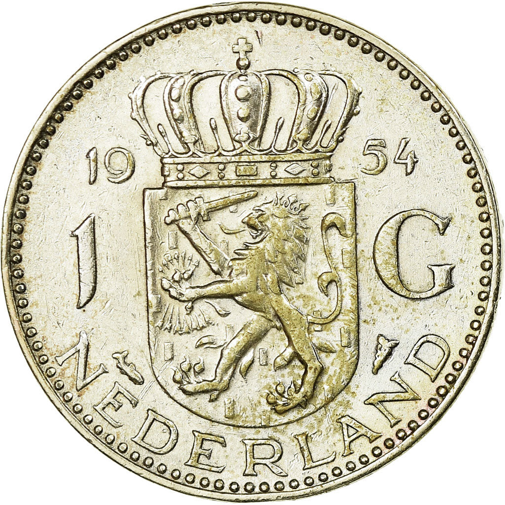 Coin, Netherlands, Juliana, Gulden, 1954, AU(55-58), Silver, KM:184