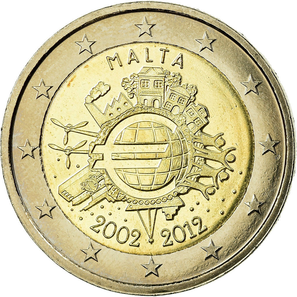 Malta, 2 Euro, 10 ans de l'Euro, 2012, AU(55-58), Bi-Metallic, KM:139