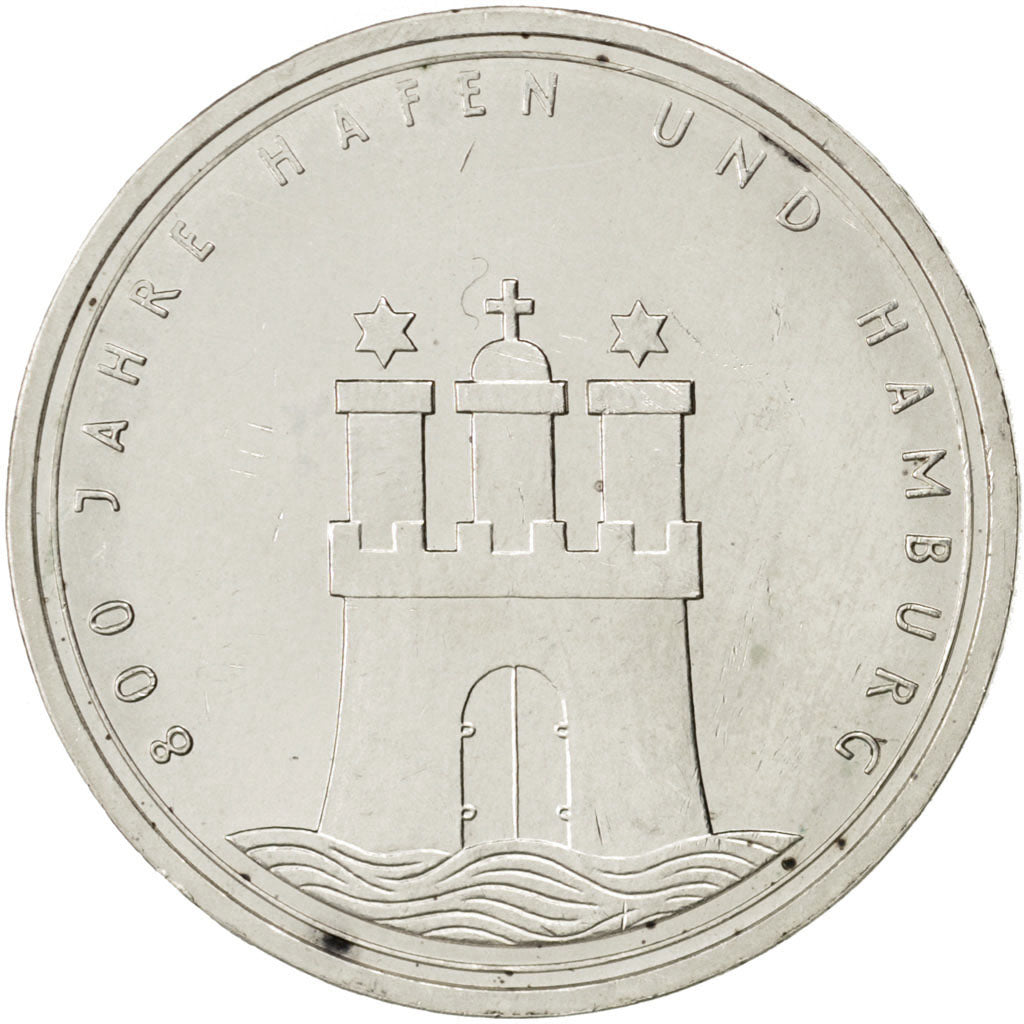 GERMANY - FEDERAL REPUBLIC, 10 Mark, 1989, Hamburg, KM #171, MS(60-62), Silver,.