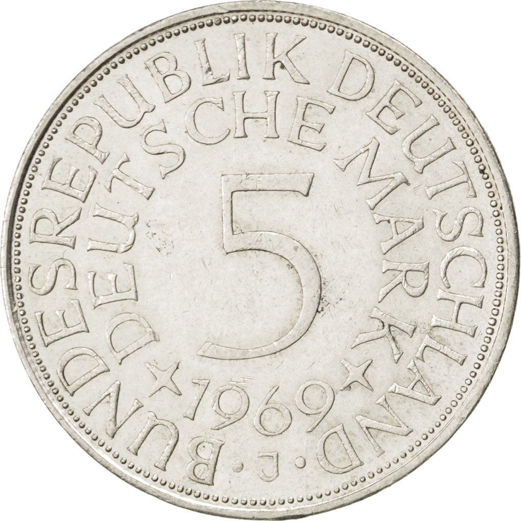 GERMANY - FEDERAL REPUBLIC, 5 Mark, 1969, Hambourg, KM #112.1, AU(55-58),...