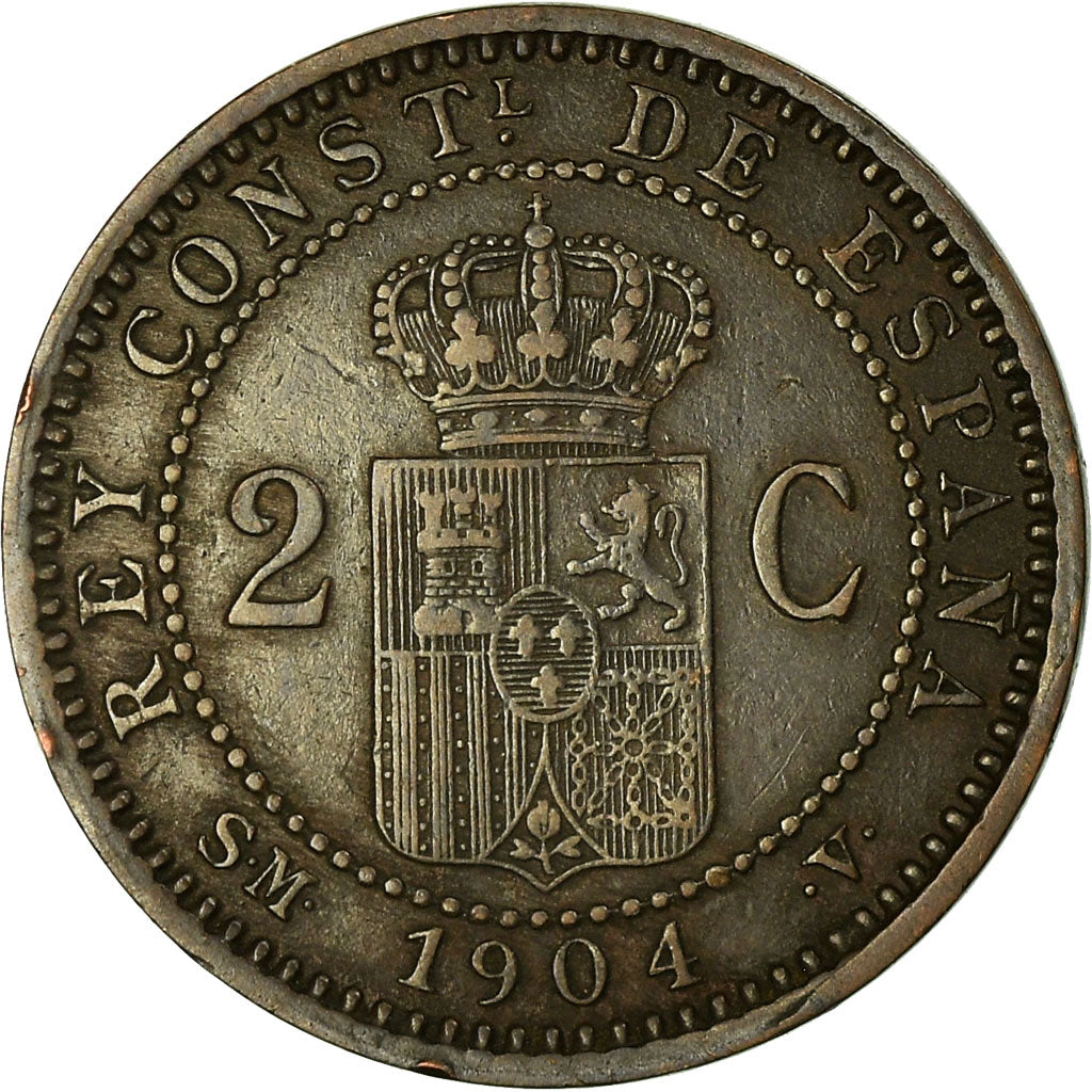 Coin, Spain, Alfonso XIII, 2 Centimos, 1904, Madrid, VF(30-35), Copper, KM:722