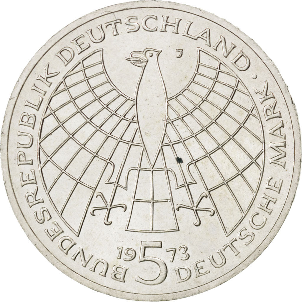 GERMANY - FEDERAL REPUBLIC, 5 Mark, 1973, Hamburg, KM #136, AU(55-58), Silver,..
