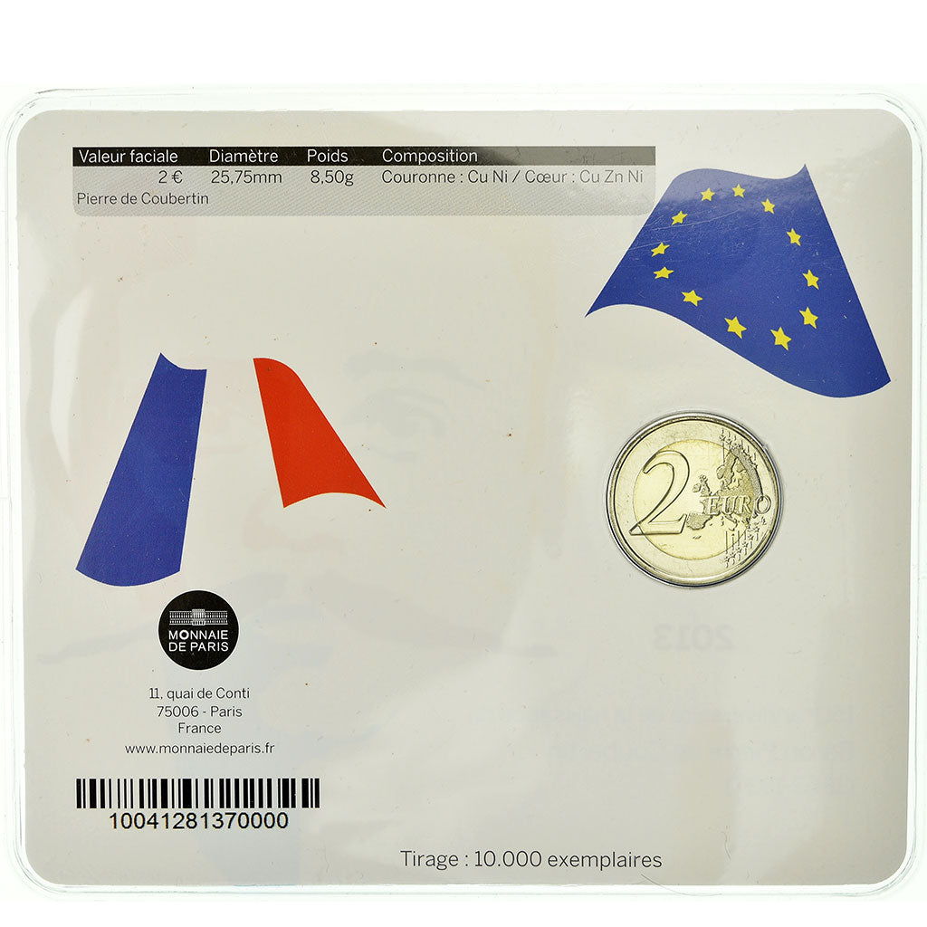 France, 2 Euro, Baron Pierre Coubertin, 2013, BU, MS(65-70), Bi-Metallic