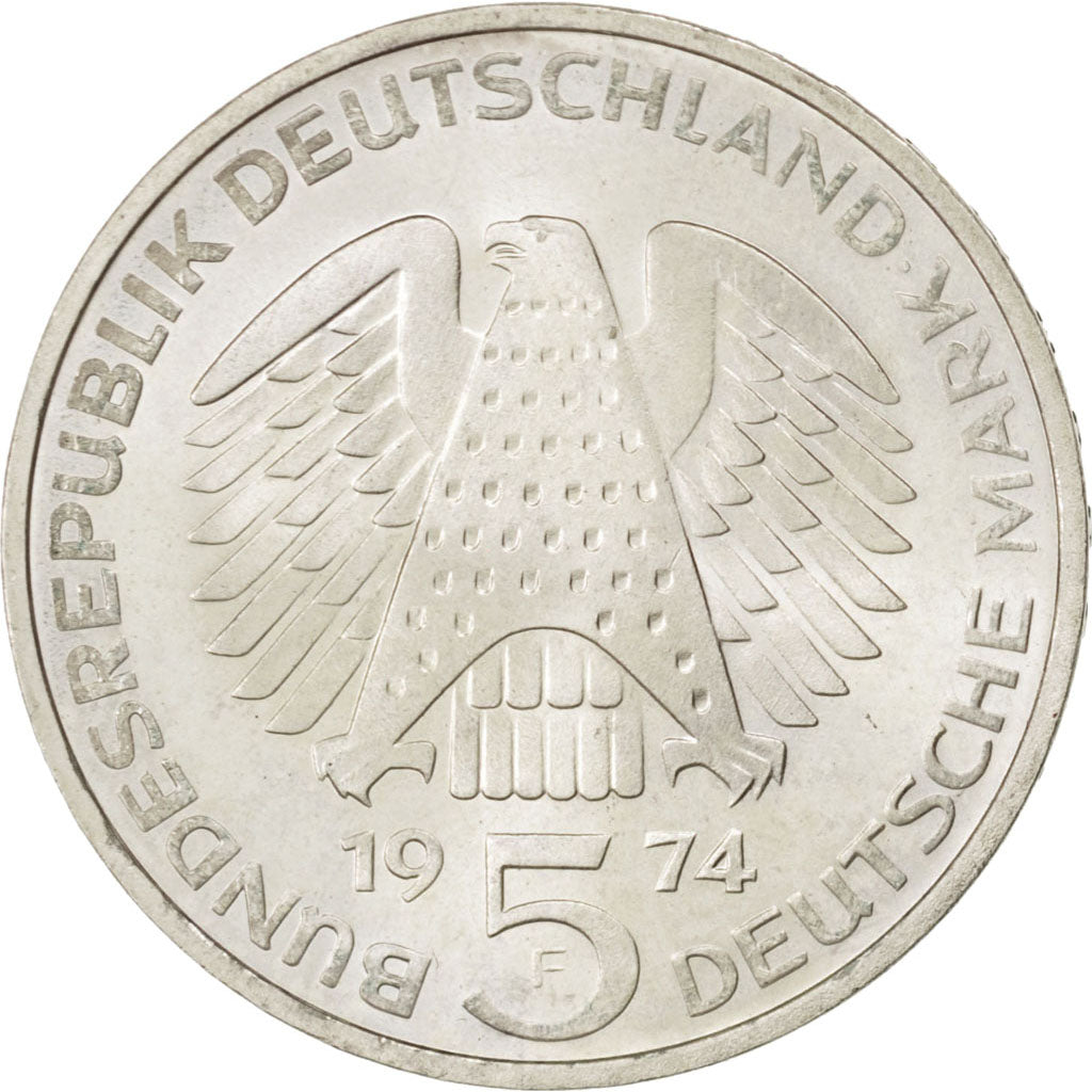 GERMANY - FEDERAL REPUBLIC, 5 Mark, 1974, Stuttgart, KM #138, MS(65-70),...