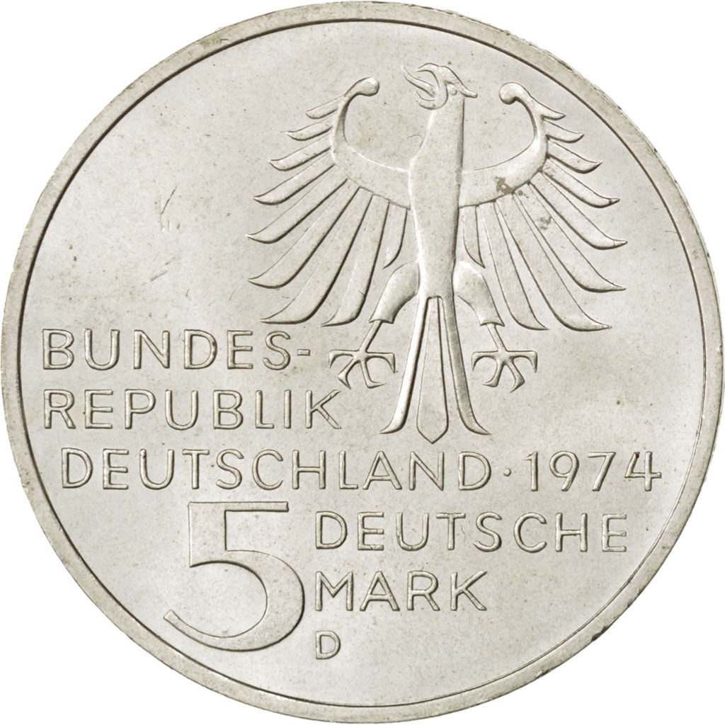 GERMANY - FEDERAL REPUBLIC, 5 Mark, 1974, Munich, KM #139, MS(65-70), Silver,...