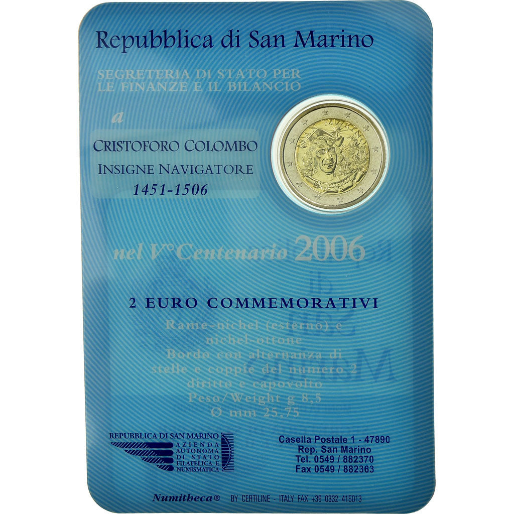San Marino, 2 Euro, Christophe Colomb, 2006, MS(65-70), Bi-Metallic