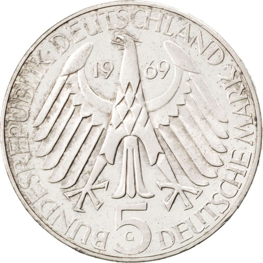 GERMANY - FEDERAL REPUBLIC, 5 Mark, 1969, Karlsruhe, KM #125.1, MS(65-70),...