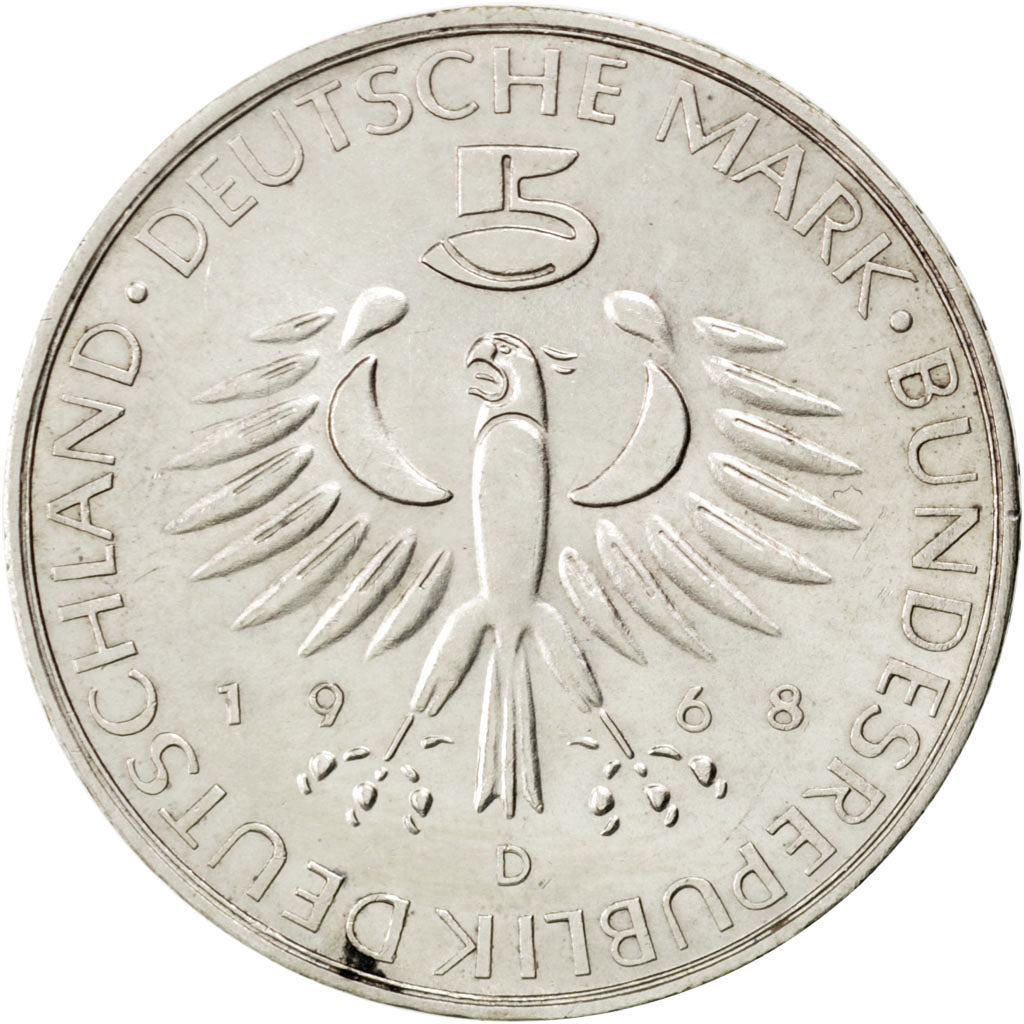 GERMANY - FEDERAL REPUBLIC, 5 Mark, 1968, Munich, KM #123.1, AU(55-58), Silver,.