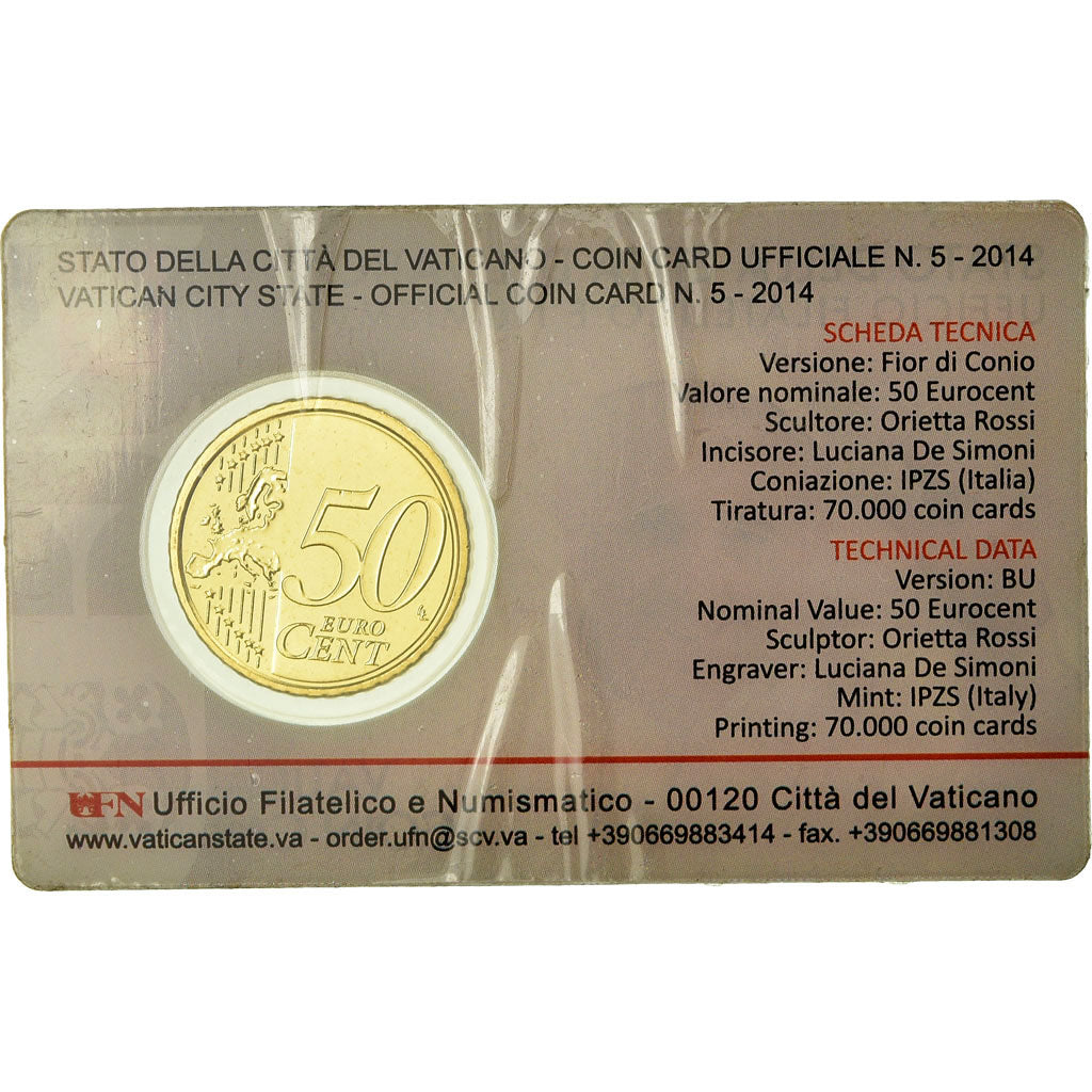VATICAN CITY, 50 Euro Cent, 2014, Coin card, MS(65-70), Brass
