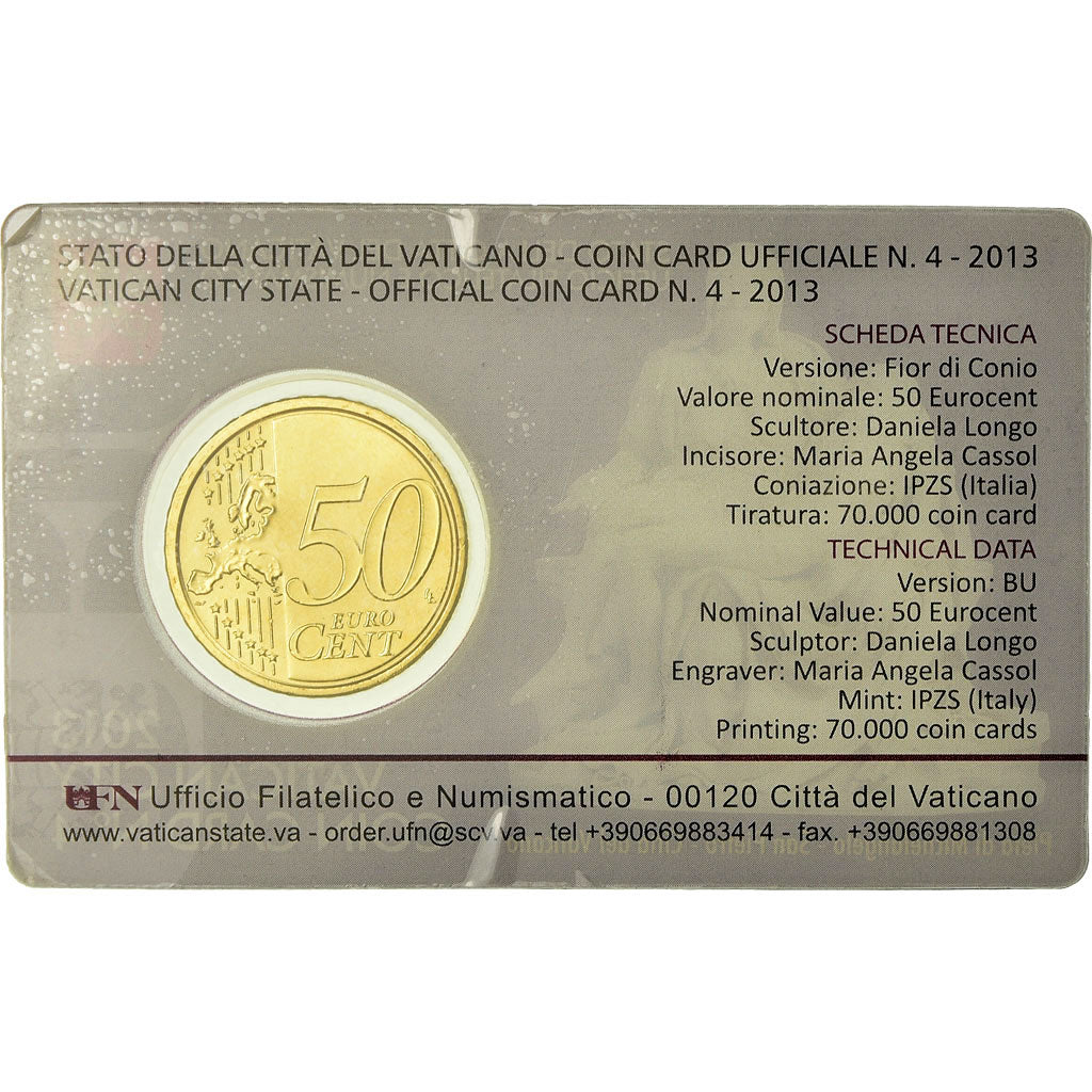 VATICAN CITY, 50 Euro Cent, 2013, Coin card, MS(65-70), Brass