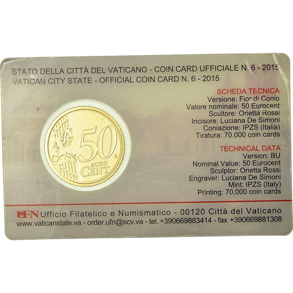 VATICAN CITY, 50 Euro Cent, 2015, Coin card, MS(65-70), Brass