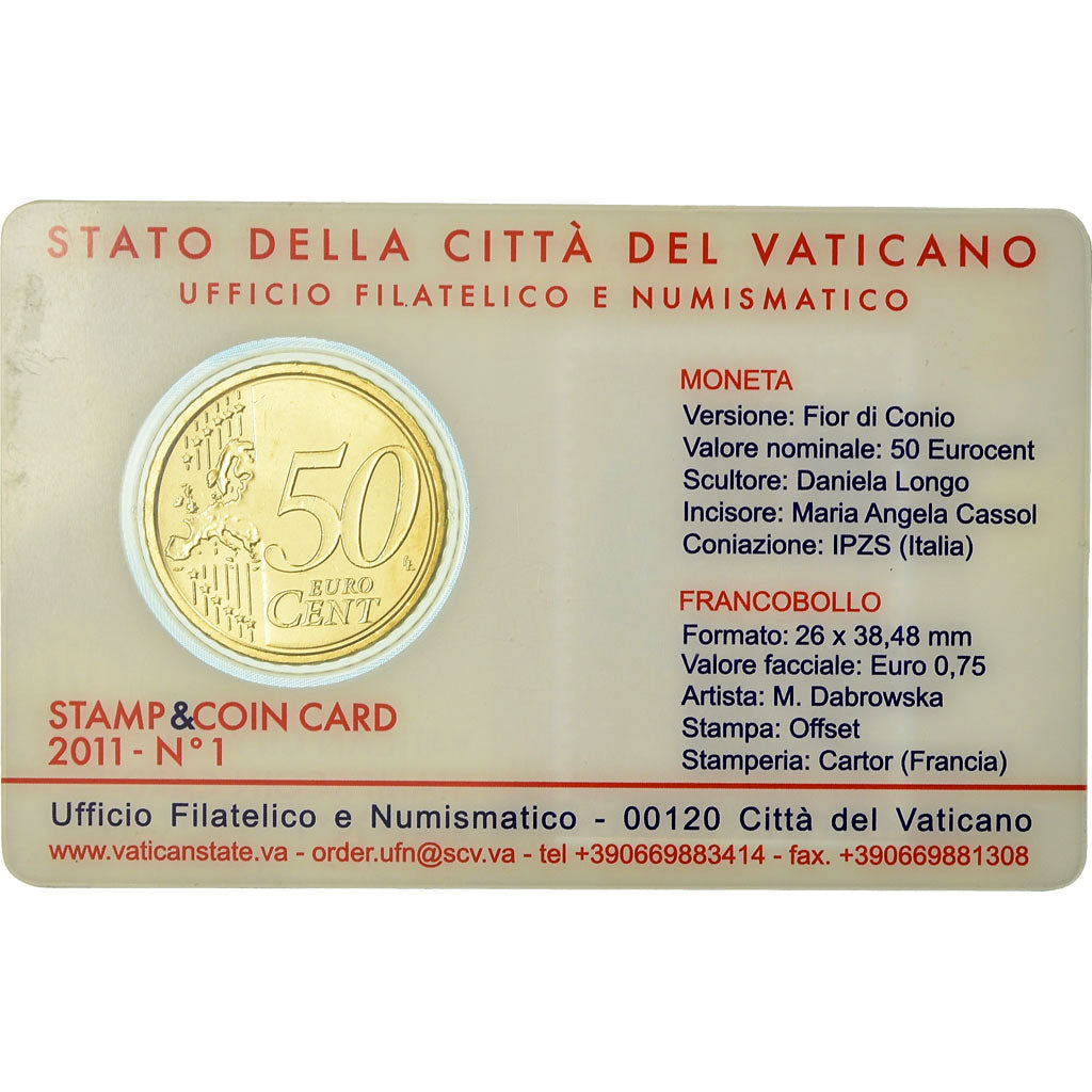 VATICAN CITY, 50 Euro Cent, 2011, Stamp and coin card, MS(65-70), Brass