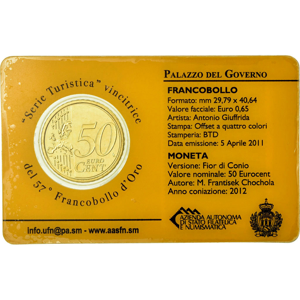 San Marino, 50 Euro Cent, 2012, Stamp and coin card, MS(65-70), Brass