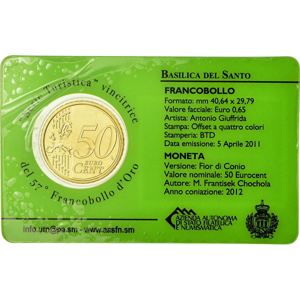 San Marino, 50 Euro Cent, 2012, Stamp and coin card, MS(65-70), Brass