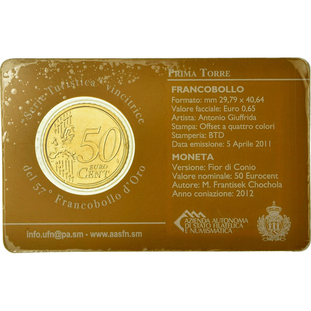 San Marino, 50 Euro Cent, 2012, Stamp and coin card, MS(65-70), Brass