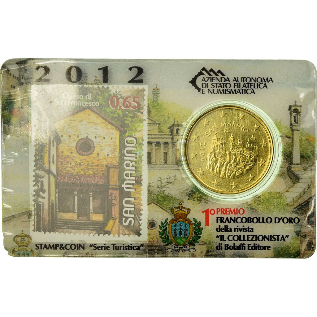 San Marino, 50 Euro Cent, 2012, Stamp and coin card, MS(65-70), Brass