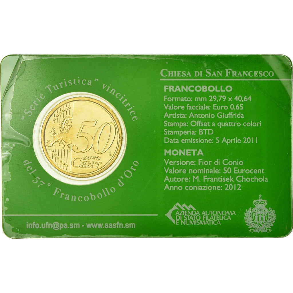 San Marino, 50 Euro Cent, 2012, Stamp and coin card, MS(65-70), Brass