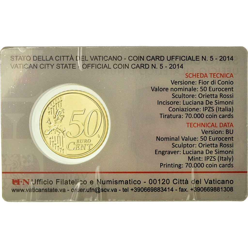 VATICAN CITY, 50 Euro Cent, 2014, Coin card, MS(65-70), Brass