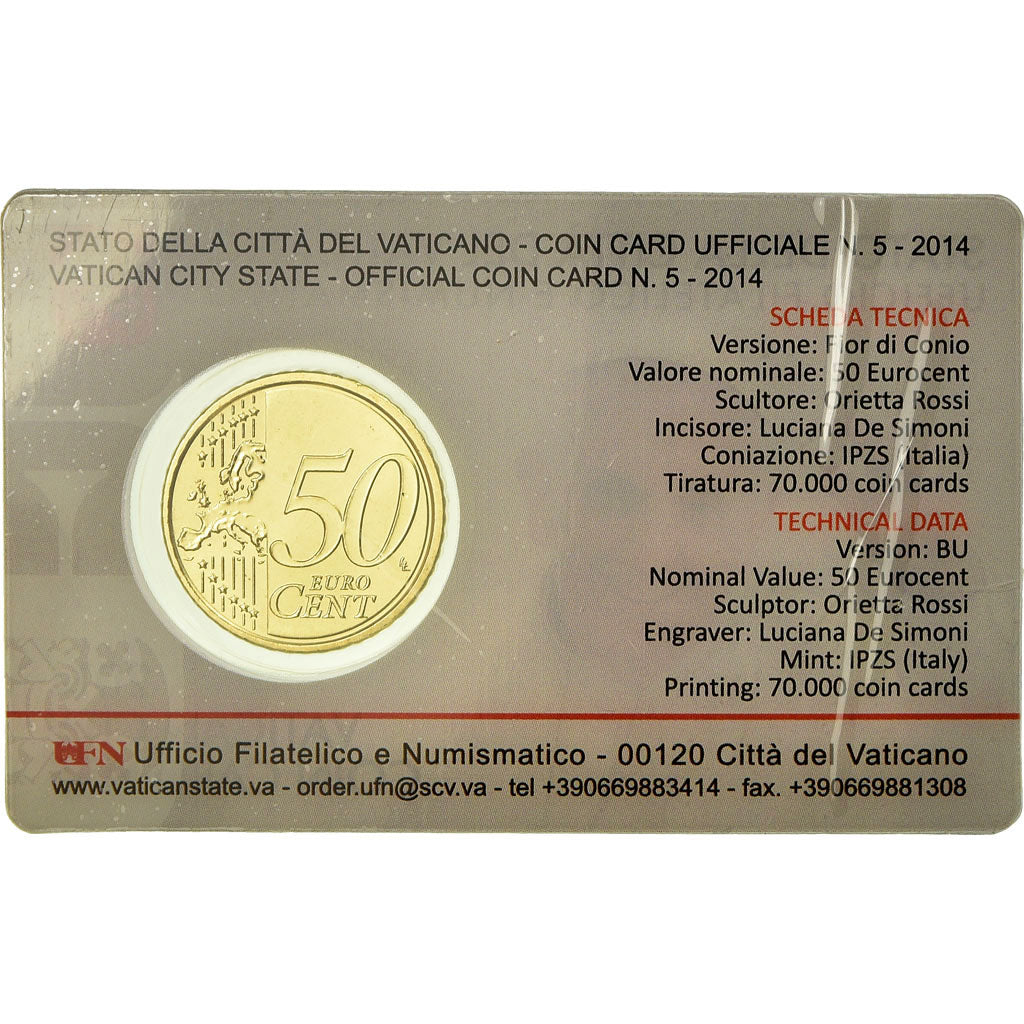 VATICAN CITY, 50 Euro Cent, 2014, Coin card, MS(65-70), Brass