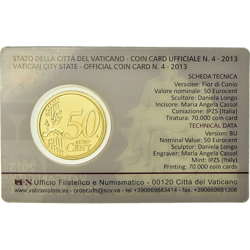 VATICAN CITY, 50 Euro Cent, 2013, Coin card, MS(65-70), Brass