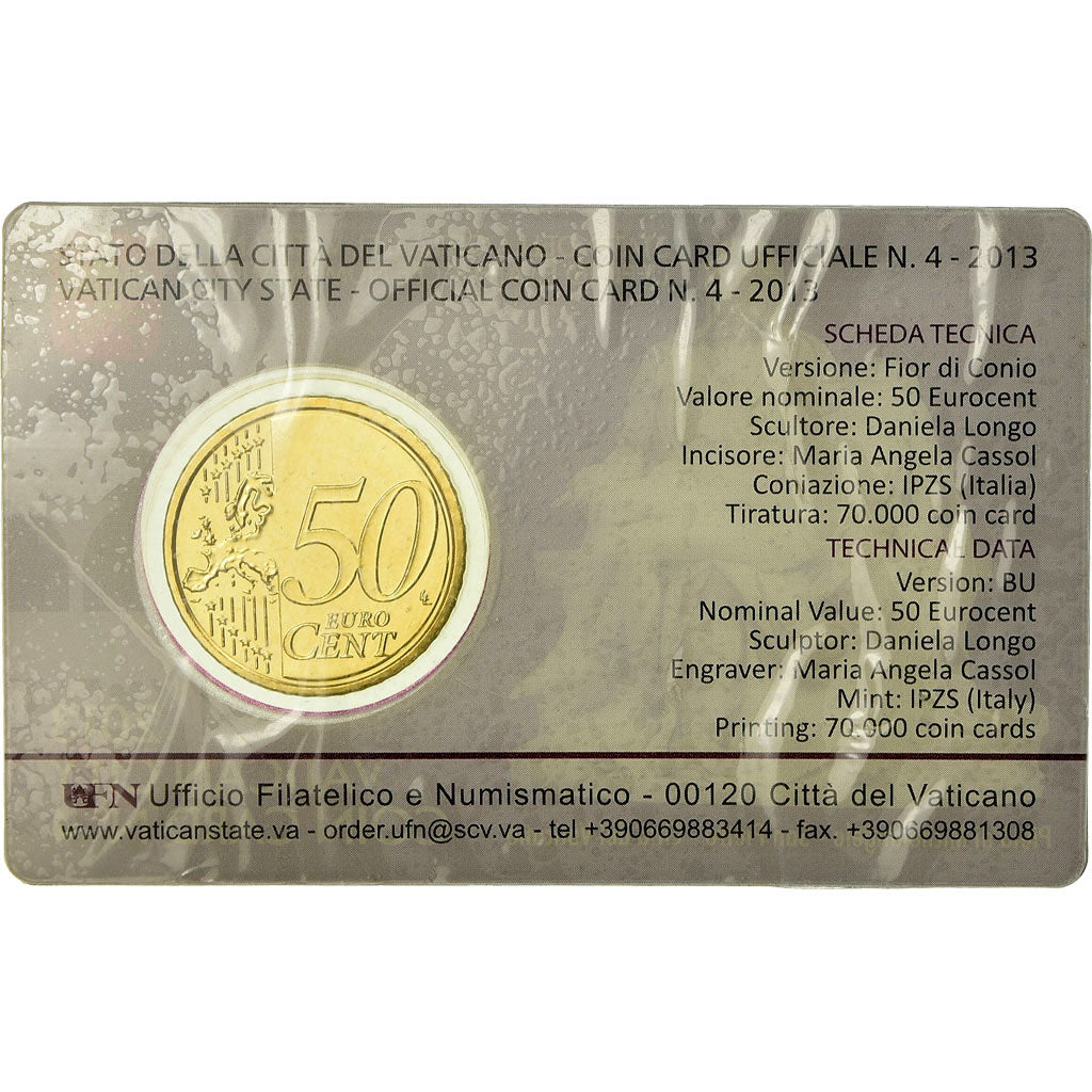 VATICAN CITY, 50 Euro Cent, 2013, Coin card, MS(65-70), Brass