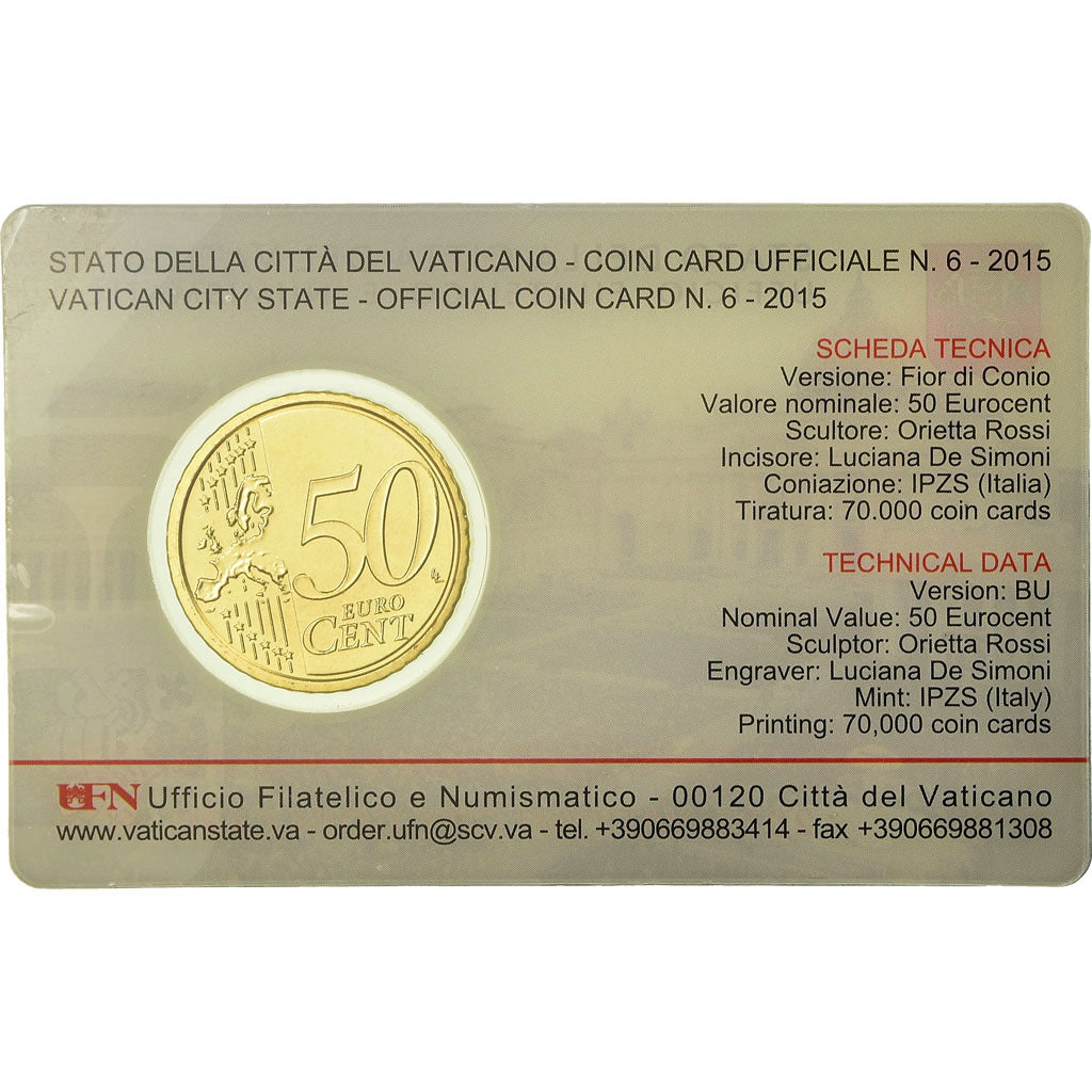 VATICAN CITY, 50 Euro Cent, 2015, Coin card, MS(65-70), Brass
