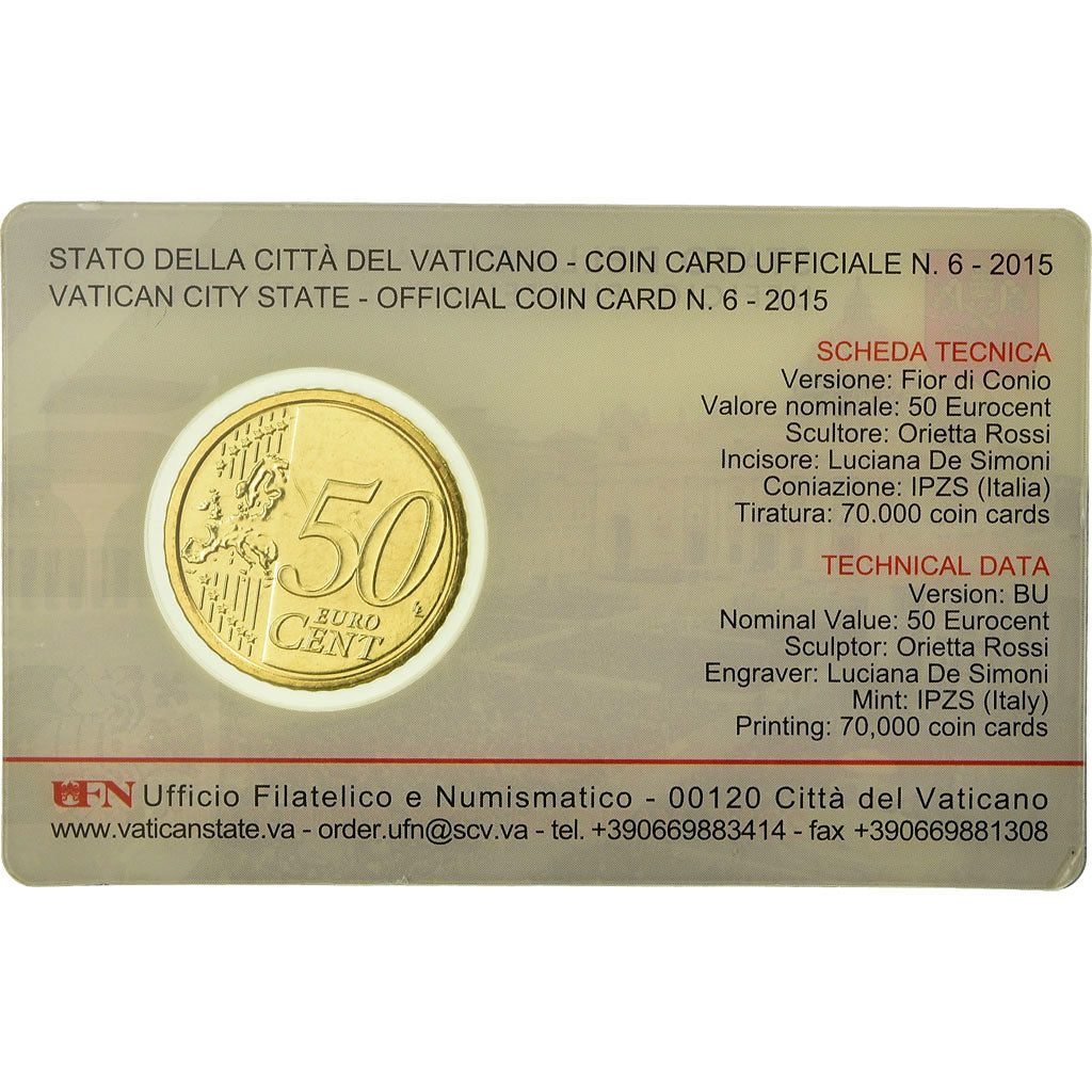 VATICAN CITY, 50 Euro Cent, 2015, Coin card, MS(65-70), Brass