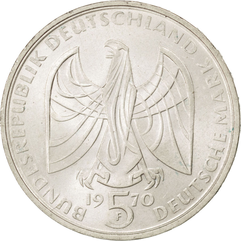 GERMANY - FEDERAL REPUBLIC, 5 Mark, 1970, Stuttgart, KM #127, AU(55-58),...
