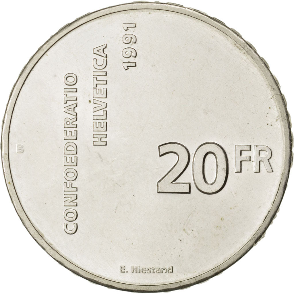 SWITZERLAND, 20 Francs, 1991, Bern, KM #70, MS(65-70), Silver, 32.8, 19.97