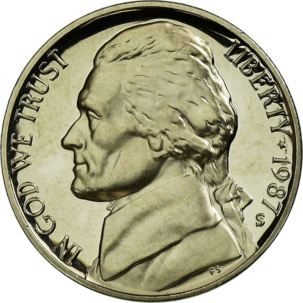 Coin, United States, Jefferson Nickel, 5 Cents, 1987, U.S. Mint, San Francisco