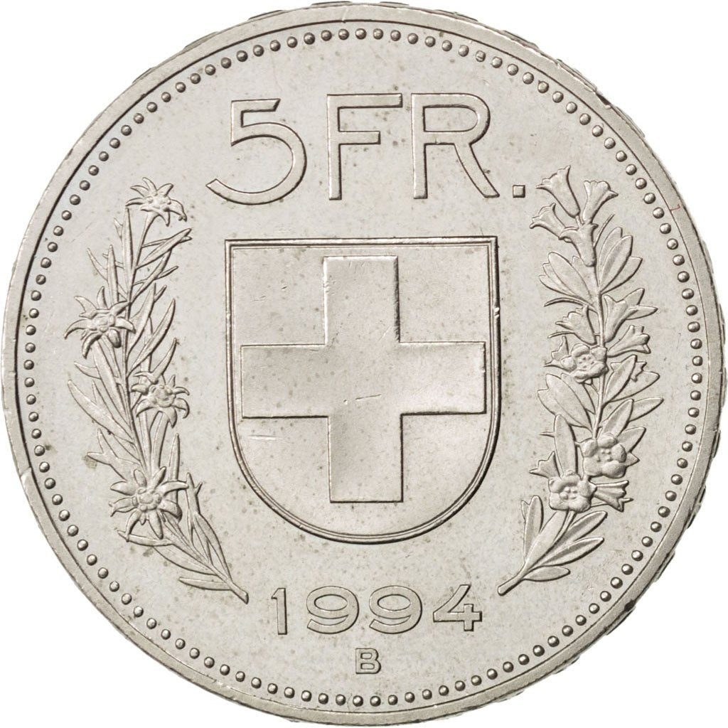 SWITZERLAND, 5 Francs, 1994, Bern, KM #40a.4, AU(55-58), Copper-Nickel, 31.45,..