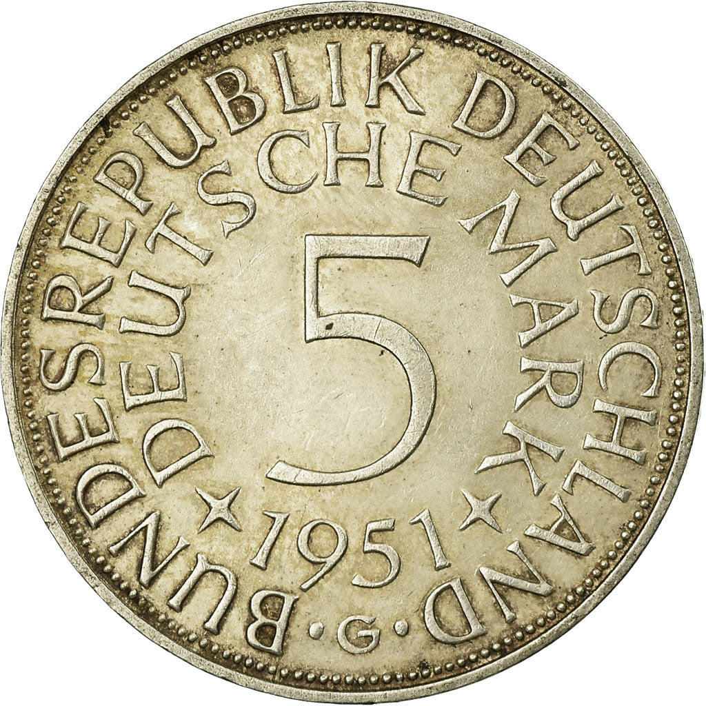 Moneda, ALEMANIA - REPÚBLICA FEDERAL, 5 Mark, 1951, Karlsruhe, MBC, Plata