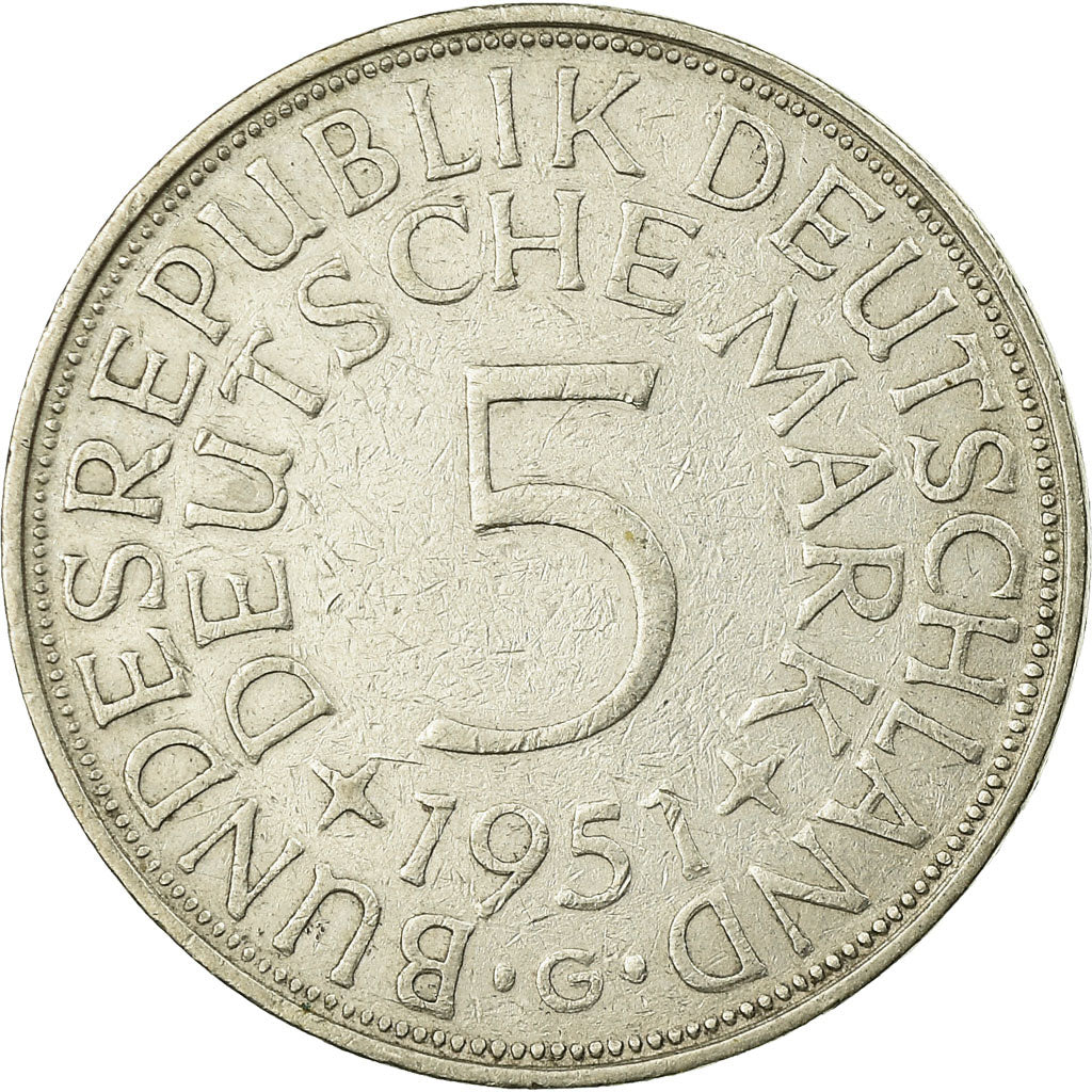Coin, GERMANY - FEDERAL REPUBLIC, 5 Mark, 1951, Karlsruhe, EF(40-45), Silver
