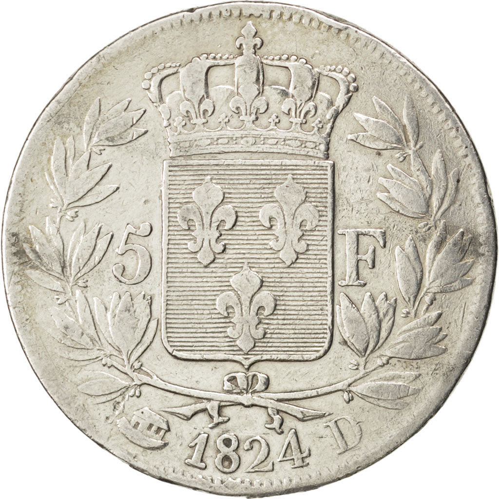 FRANCE, Louis XVIII, 5 Francs, 1824, Lyon, KM #711.4, VF(20-25), Silver,...