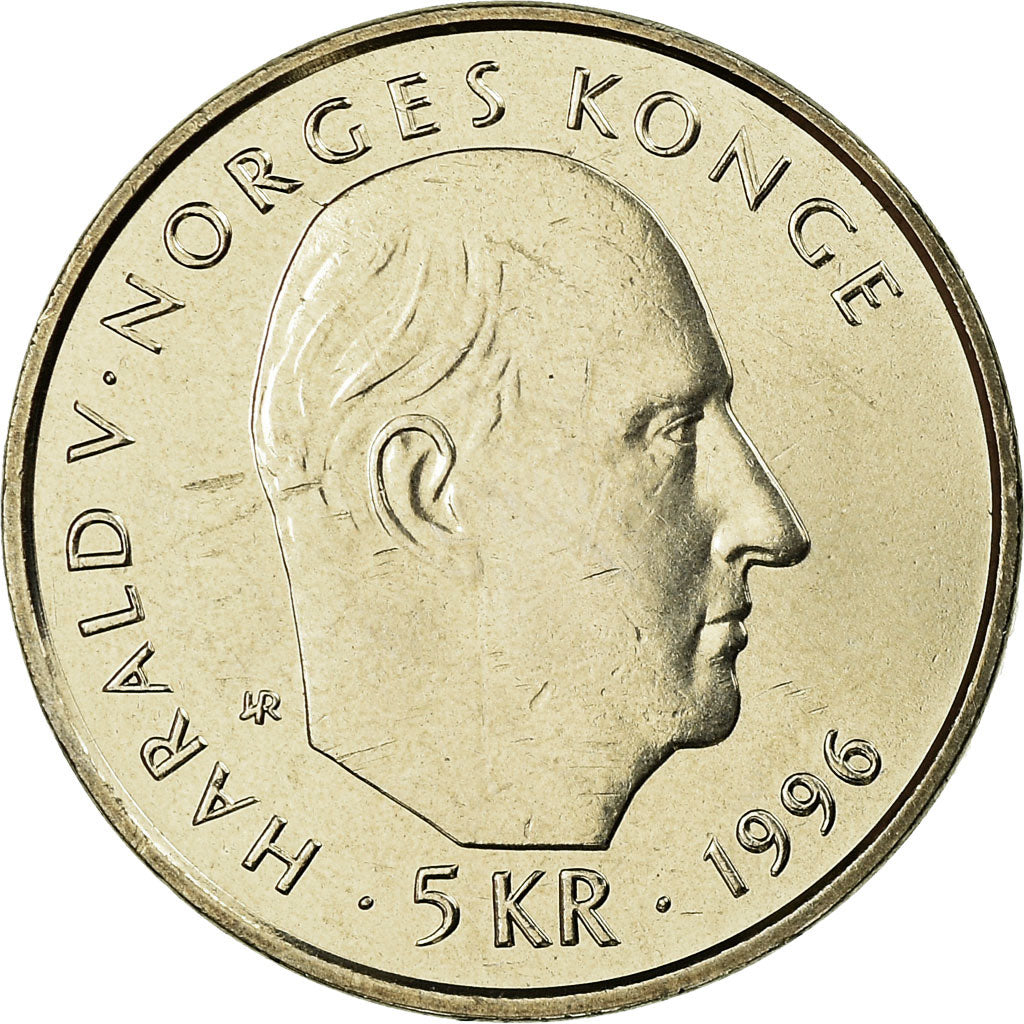 Coin, Norway, Harald V, 5 Kroner, 1996, AU(55-58), Copper-nickel, KM:459