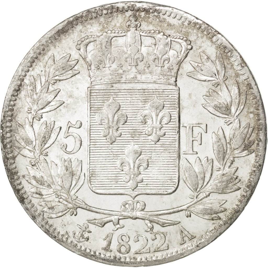 FRANCE, Louis XVIII, 5 Francs, 1822, Paris, KM #711.1, AU(50-53), Silver,...