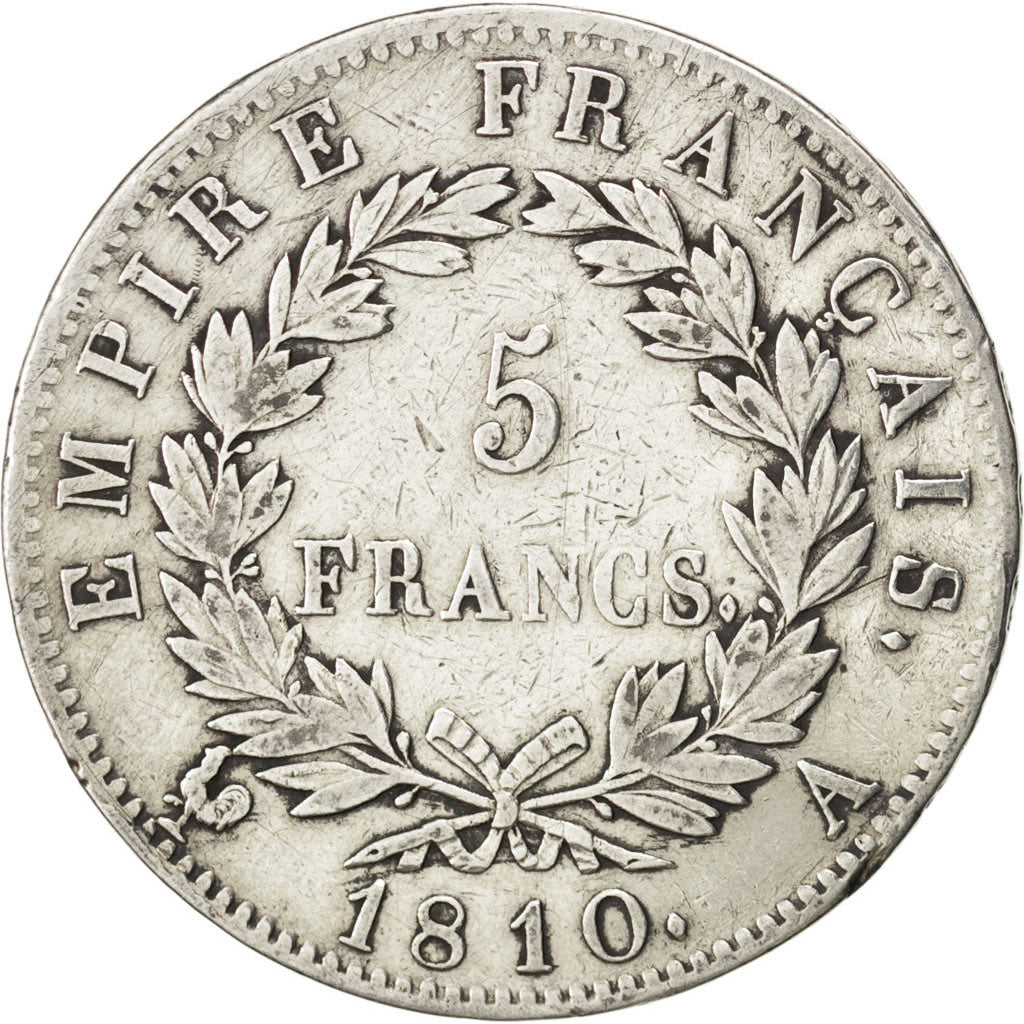 FRANCE, 5 Francs, 1810, Paris, KM #694.1, VF(20-25), Silver, Gadoury #584, 24.73