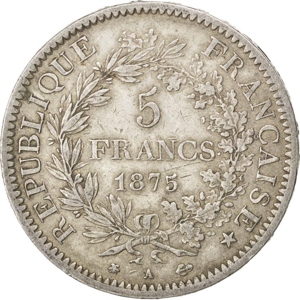 FRANCE, 5 Francs, 1875, Paris, KM #820.1, VF(30-35), Silver, Gadoury #745a,...