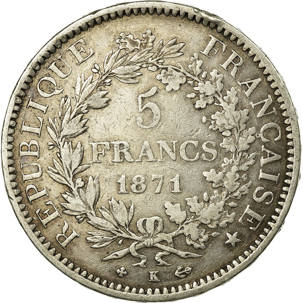 Moneta, Francia, Hercule, 5 Francs, 1871, Bordeaux, BB, Argento, KM:820.2